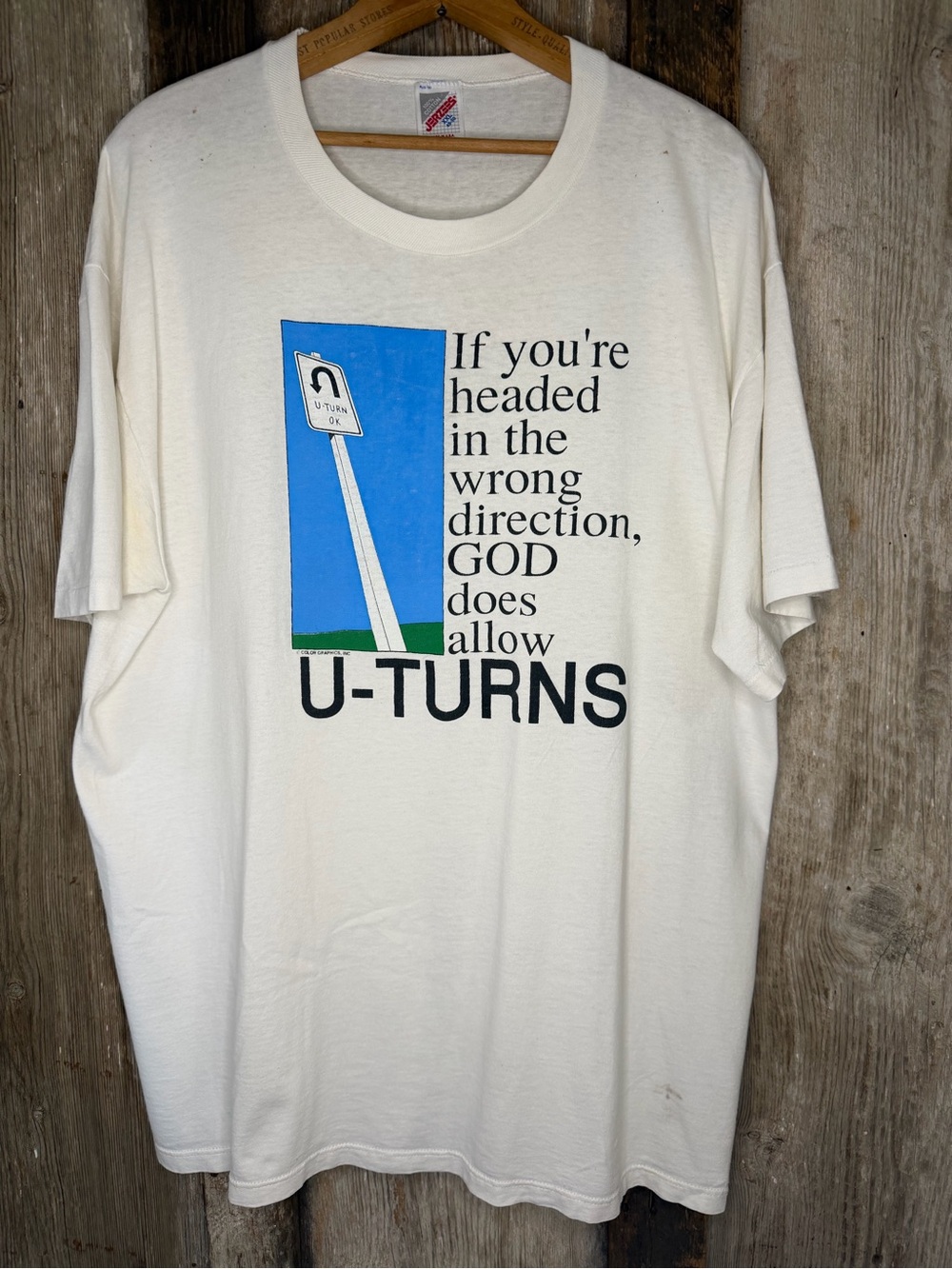 VTG 80s/90s Jerzees “God Allows U-Turns” Single Stitch T-Shirt Religious XXL